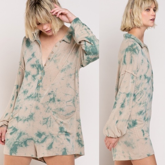 New! Faith Mocha/Teal Hand Dip Dye LS Romper - Picture 1 of 9